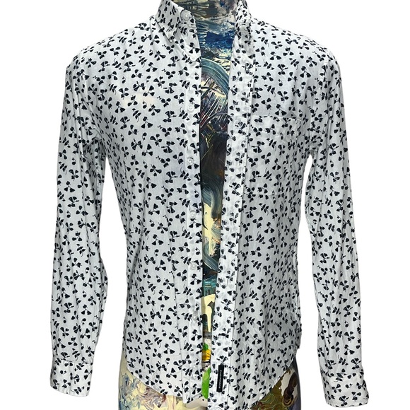 Club Monaco Navy Blue Floral Print White Long Sleeve Button Up. Slim Fit Med - Picture 10 of 12